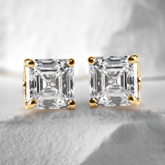 Asscher cut diamond yellow gold studs front   