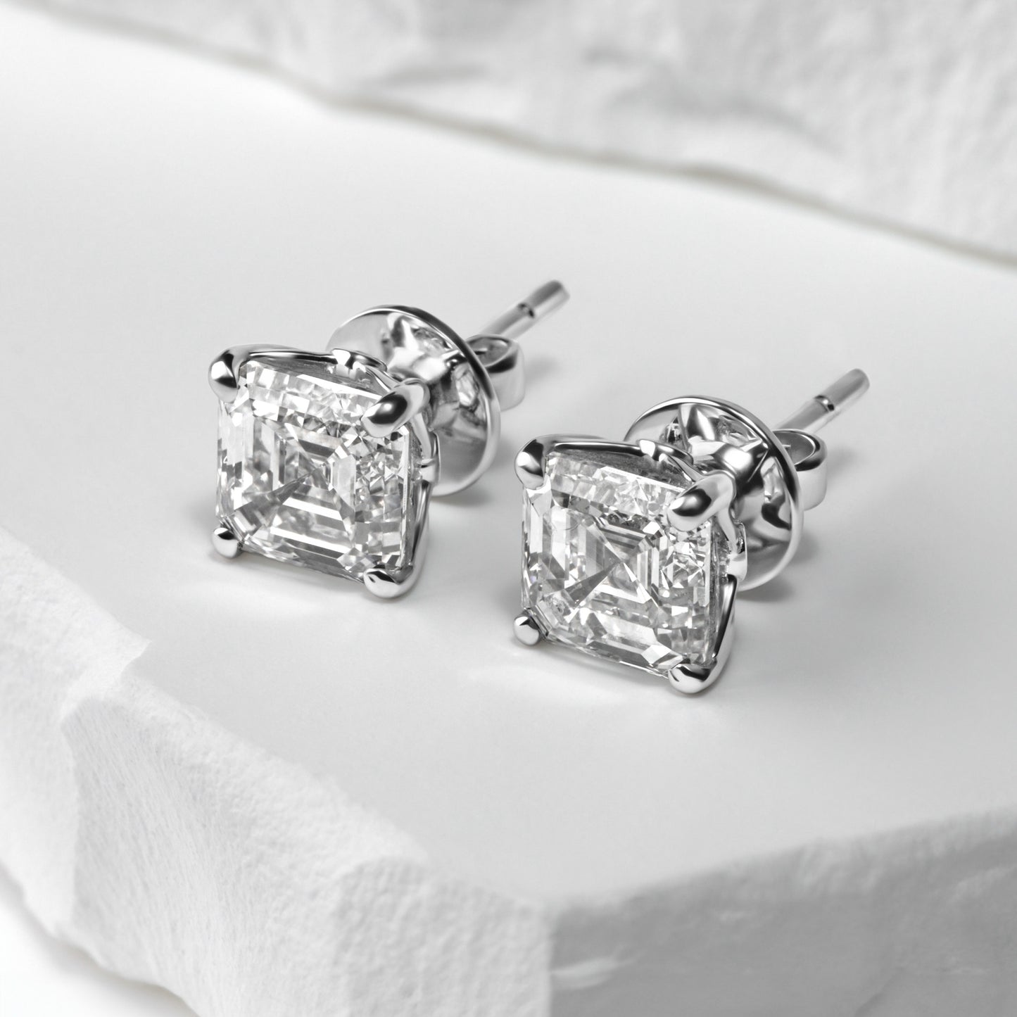 white gold asscher diamond studs 